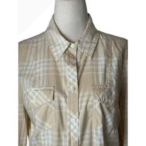 Banana Republic Button Down Shirt Women Medium Tan Plaid Cotton Top Preppy thumbnail 5