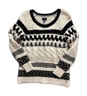 American Eagle Fair Isle Chunky Cable Knit Wool Blend Sweater Cream Black XS thumbnail 1