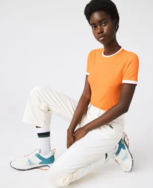 Lacoste Womens Shirt Orange Crew Neck Fantasy Knit Ribbed Slim Fit 34 US Small thumbnail 1