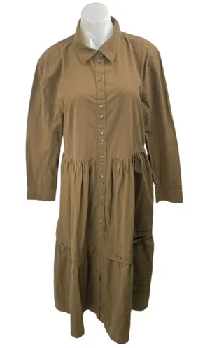 NEW Madewell Brown Pleated Long Sleeve Tiered A Line Midi Shirt Dress Size L thumbnail 1
