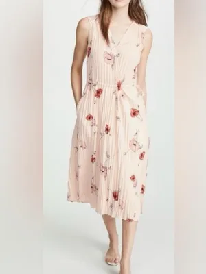 Vince‎ Tossed Poppy Pink V-Neck Pleated Midi Sleeveless Dress - Size S. thumbnail 4
