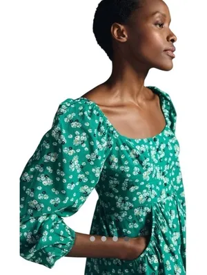 Anthropologie Puff Sleeve Button Front‎ Ruched Green Floral Mini Dress Small thumbnail 1