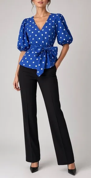 Lilly Pulitzer Kara Cotton Wrap Blue Polka Dot Top Puff sleeve, Sz 8 thumbnail 1