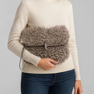 Elegant Taupe Grey Faux Fur Clutch Purse thumbnail 1