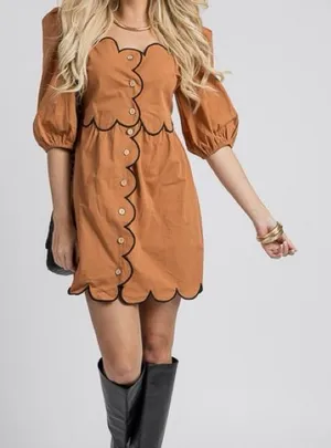 TCEC Scalloped Button Front Puff Sleeve Mini Dress Terracotta Orange Large thumbnail 1
