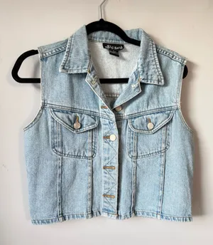 VTG Y2K SHE SAID Denim Vest Jacket Light Blue Light Wash Barn Vest Cotton L thumbnail 1