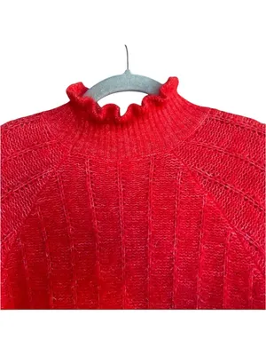 SEZANE Bright Red Mohair Merino Wool Knit Ruffle High Neck Sweater Loris Jumper thumbnail 9