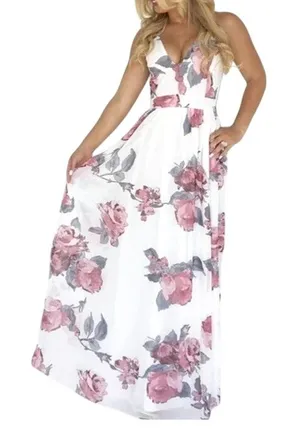 Dainty Hooligan Womens Chiffon Floral Lace Maxi Dress Small White Event Party Boho Romantic thumbnail 1