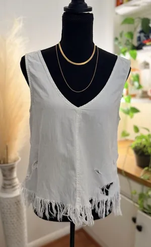 American Eagle White Distressed Fringe Tank Top | 100% Cotton | Size Small thumbnail 1