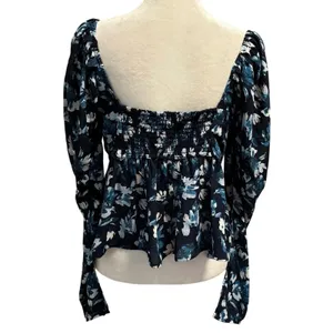 NEW Abercrombie & Fitch A&F Size M Blue Floral Blouse Top Sweetheart Neck thumbnail 4
