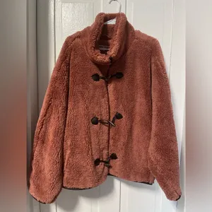 Free People Junie Teddy Jacket contrast faux leather toggle trim Rose Pink L thumbnail 3