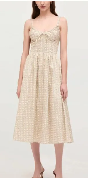 HILL HOUSE (NWT) The Juliana Midi Dress in Basketweave, Beige/White, Size M thumbnail 1