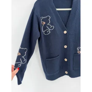Cardigan Sweater Women Medium Navy Blue Teddy Bear‎ Embroidered Cozy thumbnail 4