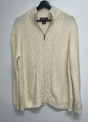 Lands End Women Cable Knit Sweater Size L Cream Ivory 1/4 Zip Pullover Mock Neck thumbnail 1