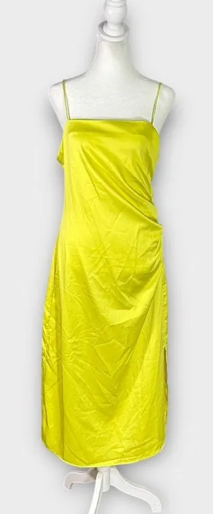 Vero Moda Midi Dress Women's Small Yellow Satin Ruched Strappy Square Neck NWT thumbnail 1