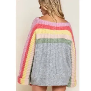 POL Rainbow Confetti Oversized Stripe Knit Sweater Size L Gray Multicolor thumbnail 3