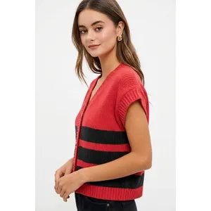 BiBi Game Day Theme Stripe Buttoned V Neck Knit Cardigan - Red/Black - Large thumbnail 2