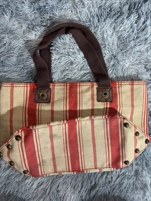 Striped Red and Cream Canvas Tote with Brown Handles thumbnail 2