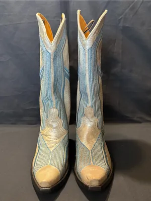 Old Gringo Women's 7.5B Metallic Silver Cowgirl Boots w/Geometric Blue Stitching thumbnail 3