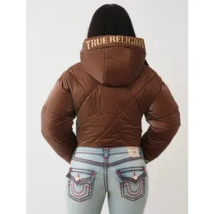 NWT!! TRUE RELIGION High-Shine Metallic Hooded Puffer Jacket Bronze Large thumbnail 9