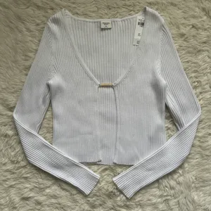 Top Slim Bar Closure Open Cardigan Ribbed White XS NWT New thumbnail 2