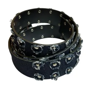 Denim Belt Y2K Distressed Studded 90s Indie Sleaze Western Jean Buckle Bunny 43" thumbnail 1