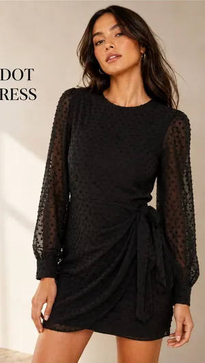 Lulus Black Swiss Dot Ruched Tie Mini Dress Size L NWT thumbnail 1