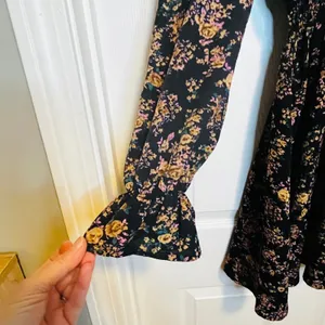 SheIn Black Floral Long Sleeve Mock Neck Smocked Waist Mini Dress XS Whimsical Gothic thumbnail 6