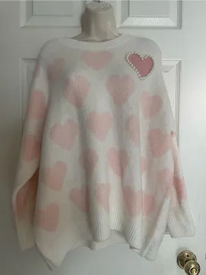 Vince‎ Camuto White & Pink Heart Knit Sweater with Pearl Accent thumbnail 1