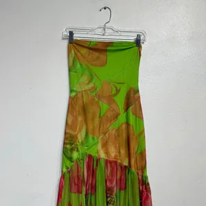 Green Floral Strapless Backless Sheer Mesh Side Slit Maxi Dress Sz S thumbnail 3