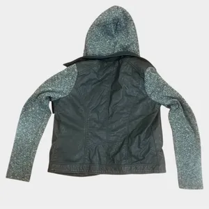 Gray Faux Leather Jacket with Knit Sleeves and Removable Hood thumbnail 6