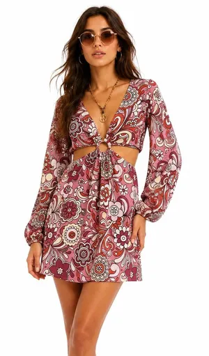 Almost Famous Retro Floral Psychedelic Cutout Mini Dress Pink 70s Hippie Size L thumbnail 1