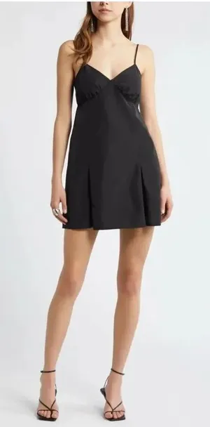 Open Edit Taffeta Pleated Sleeveless Minidress in Black size medium thumbnail 1