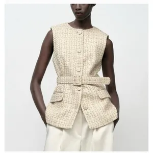 Zara Tweed Vest Women Medium Gold Metallic Belted Longline Sleeveless Jacket NEW thumbnail 2