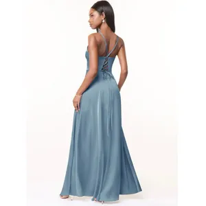 NEW Azazie Size A 14 Maksim Stretch Satin Maxi Dress Dusty Blue Bridesmaid thumbnail 2