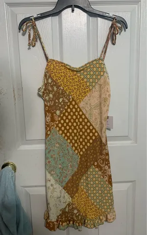 NWT Patchwork Tie Shoulder Mini Dress Size M thumbnail 1