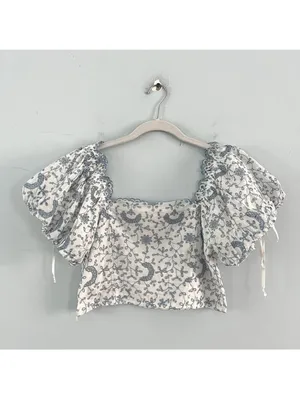 LoveShackFancy Melina Broderie‎ Anglaise Blue Eyelet White Puff Sleeve Crop Top thumbnail 4