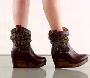 BED STU Bruges Teak Rustic Brown Leather Bootie Boots Slouch Wooden Wedge Sz 8.5 thumbnail 1