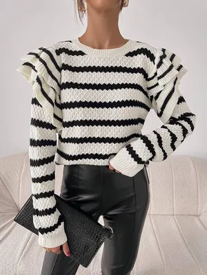 Shein Ruffle Shoulder Striped Knit Sweater thumbnail 1
