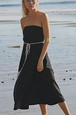 Free People black strapless dress with wood bead belt. Medium. Retails $70 thumbnail 1