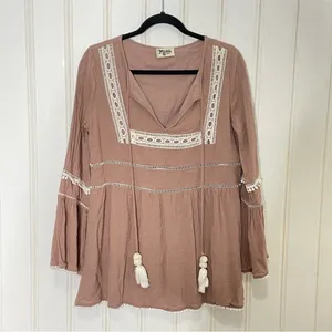 Show Me Your Mumu Romina Tunic Dress Mauve Boho Bell Sleeve Pom Pom Small 845 thumbnail 2