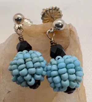 Vintage Sterling Silver Beaded Drop Earrings Turquoise Blue Black 925 Dangle thumbnail 1