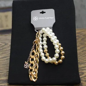 NWT Daisy Fuentes Pearl Stretch Heavy Curb Chain Bracelet Set Gold / White thumbnail 1