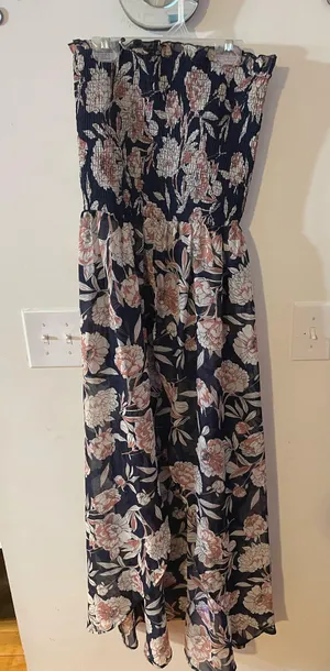 VENUS Navy Floral Maxi with Pink and Cream Accents Strappless Size M thumbnail 2