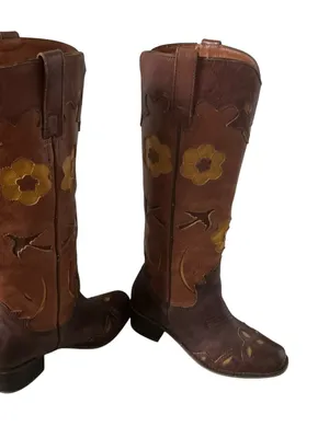 Vtg lucky brand western riding boots prominent yellow floral aplique pull-on thumbnail 4