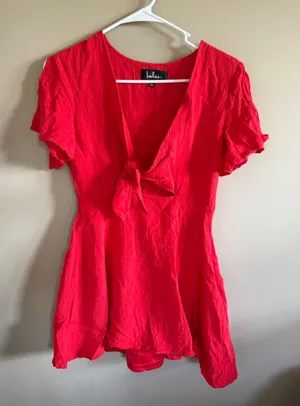 Lulus Red‎ Mini Dress Tie Front Short Sleeve Casual Party Cocktail Women's thumbnail 1