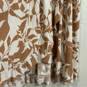 SPLA Tan White Leaf Print Faux Wrap Midi Dress Ruffle Tropical Summer Large NWT thumbnail 2