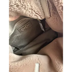 Jessica Simpson Metallic Champagne Faux Fur Trim Tote Bag Gold Logo Charm Large thumbnail 4