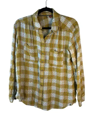 Pilcro Anthropologie Plaid Brown Cream Gauzy Long Sleeve Button Blouse Medium thumbnail 1