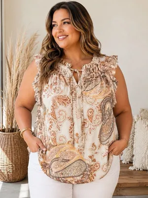 CAROLINA BELLE MONTREAL Womens 2X Paisley Career Sleeveless Ruffles Beige Top thumbnail 1